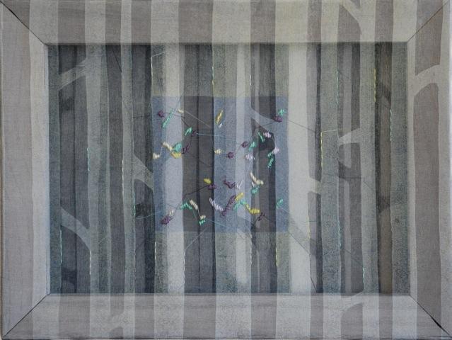 Kaori Miyayama, il cielo in fondo 4, 2017, xilografia, filo, seta organza su struttura in legno, cm 30x40x3,5
