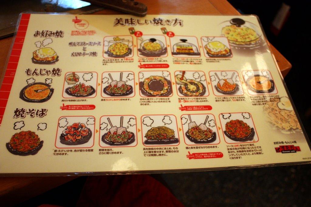 Istruzioni per cuocere okonomiyaki, monjayaki e yakisoba in un ristorante di Tokyo